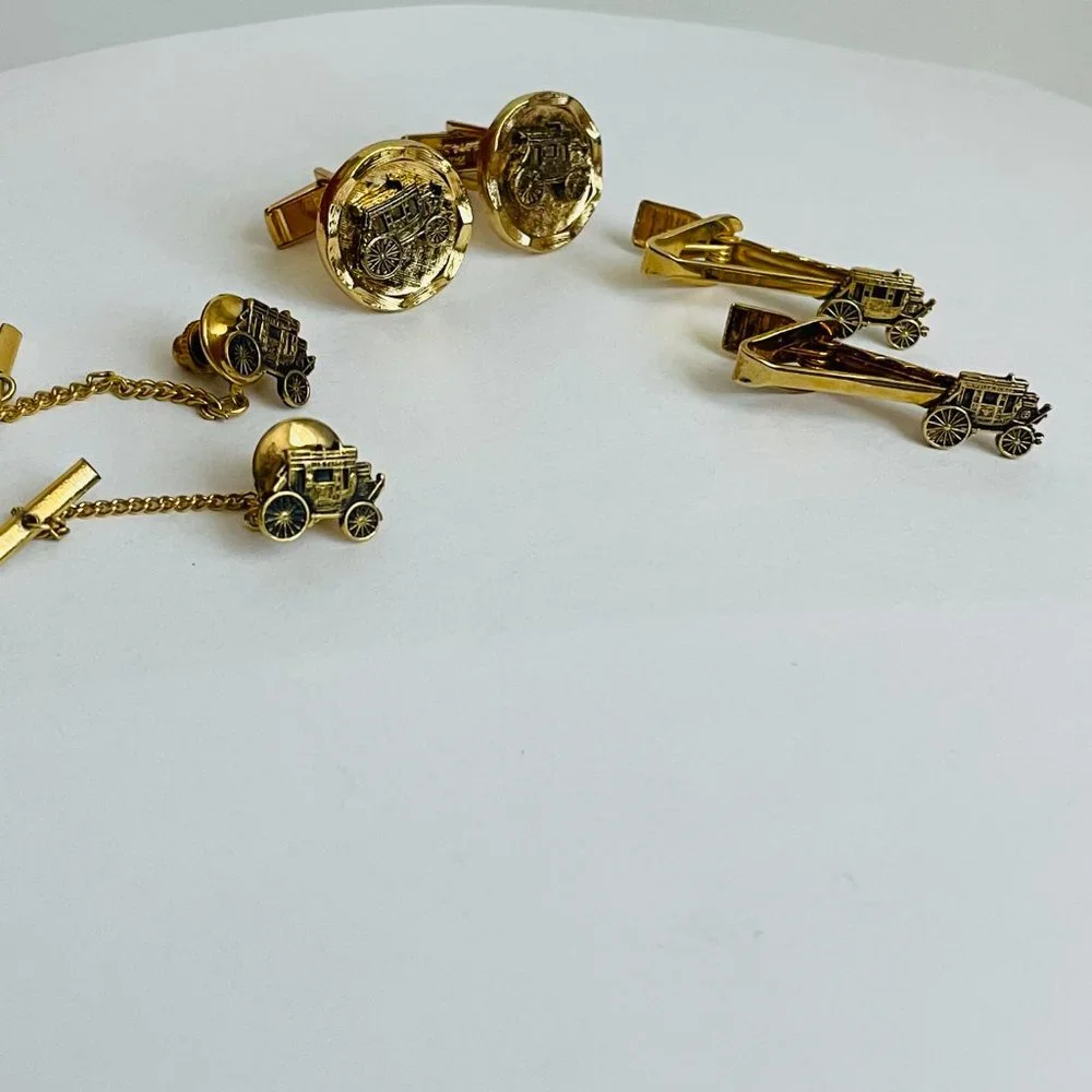 Vintage Wells Fargo Stagecoach Carriage Gold Plated Cufflinks Tie Clips Set of 6